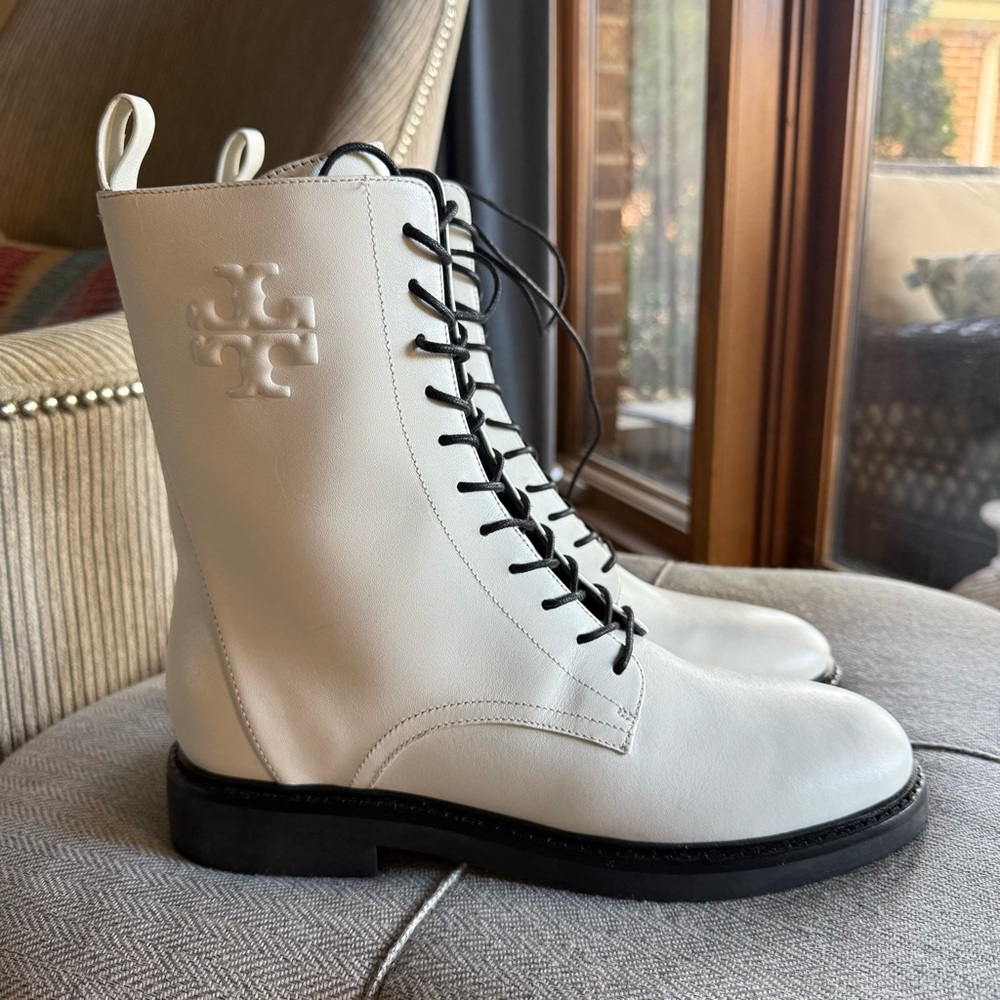Tory Burch Cream Lace-Up Boots with Black Soles